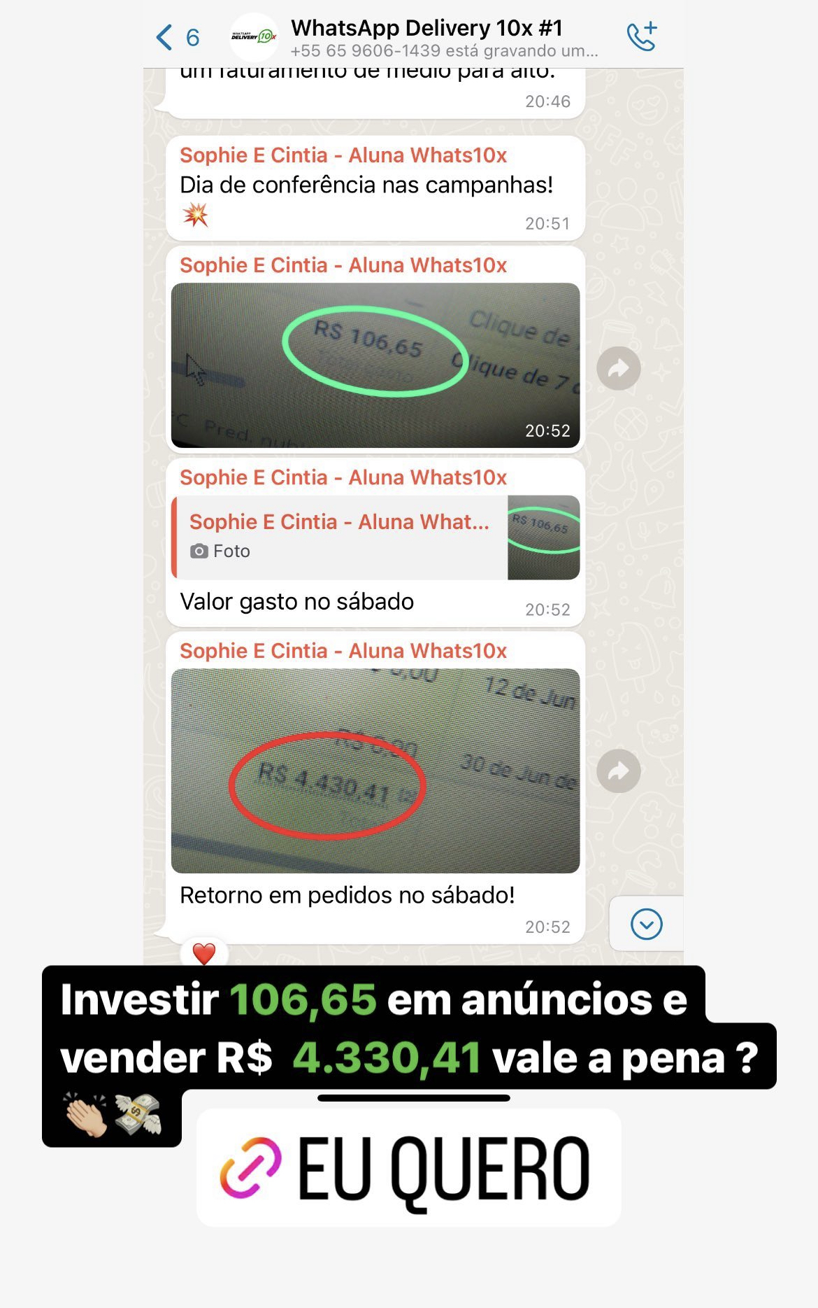 Print de conversa com resultados de alunos do Método WhatsApp Delivery 10x