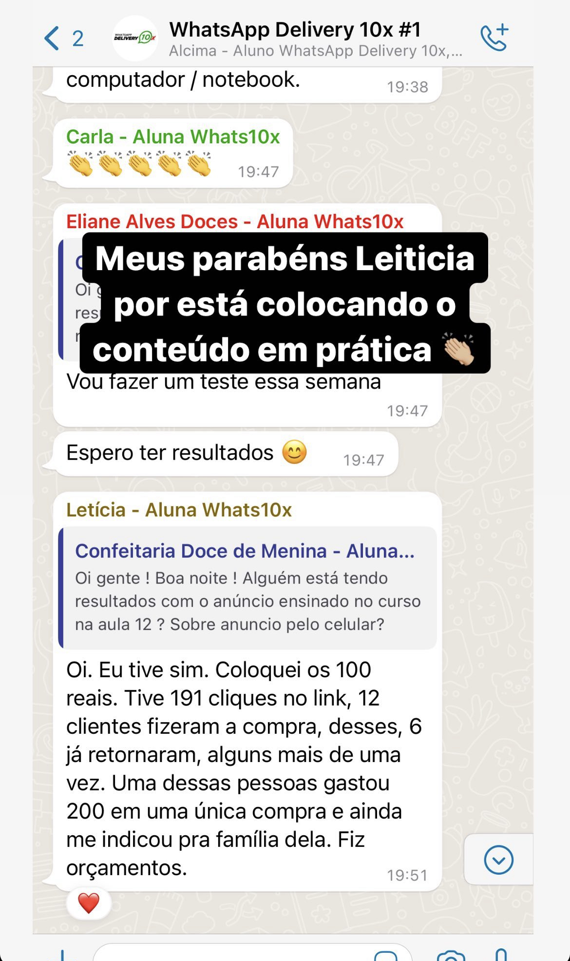 Print de conversa com resultados de alunos do Método WhatsApp Delivery 10x